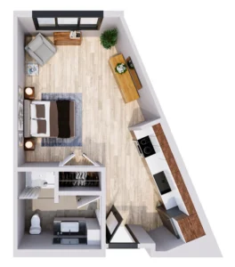 Top-down floor plan of a small apartment: bedroom with bed and nightstands, a living nook, an L-shaped kitchen with an island, a dining desk, plus a bathroom and closet.