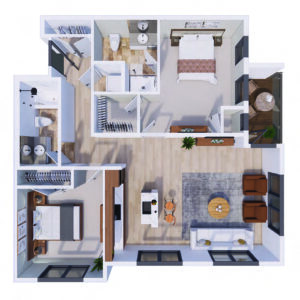 Top-down 3D floor plan of a modern apartment: open kitchen and living area, two bedrooms, two bathrooms, and a balcony.