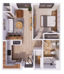 Top-down floor plan of a one-bedroom apartment showing living room, kitchen with island, dining area, bedroom with bed, and adjacent bathroom.
