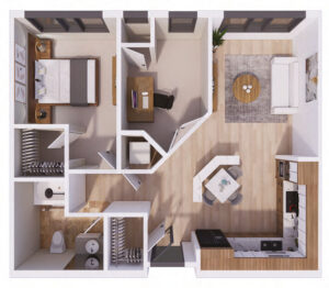 Top-down floor plan of a one-bedroom apartment showing a living room, kitchen with island, dining area, bedroom, bathroom, and closets.