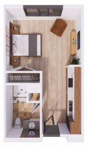 Top-down floor plan of a small apartment: bed, living area with chair and TV, and a linear kitchen along the right wall; closet and bathroom at left.