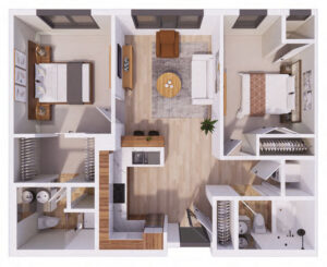 Top-down floor plan of a two-bedroom apartment showing living room, kitchen island, two bedrooms, two bathrooms, and closets.