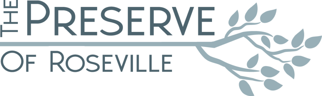 Logo for The Preserve of Roseville featuring a long horizontal line and a stylized branch with leaves extending to the right.