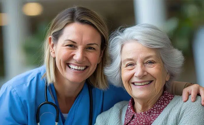 Smiling female healthcare worker with stethoscope beside an elderly woman, both facing the camera.