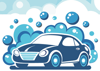 Cartoon blue car with soap bubbles in a car wash scene, blue sky background